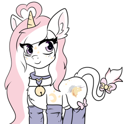 Size: 3000x2966 | Tagged: safe, artist:darrenfeline, artist:pastel-pony-princess, derpibooru import, oc, oc only, oc:moon sugar (pastelponyprincess), pony, unicorn, bow, chest fluff, clothes, curved horn, ear fluff, female, horn, leonine tail, mare, simple background, smiling, socks, solo, standing, tail bow, transparent background