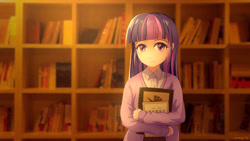 Size: 2560x1440 | Tagged: safe, artist:jeremywithlove, derpibooru import, twilight sparkle, human, anime, book, bookshelf, female, humanized, library, solo, starry eyes, wingding eyes