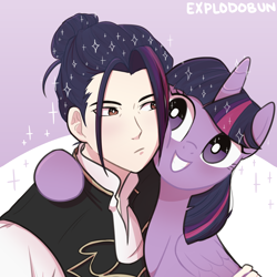 Size: 1600x1600 | Tagged: safe, artist:explodobun, twilight sparkle, twilight sparkle (alicorn), alicorn, human, pony, felix hugo fraldarius, female, fire emblem, fire emblem: three houses, male, mare, smiling, video game, video game crossover