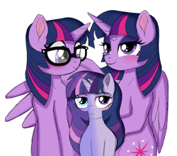 Size: 1199x1057 | Tagged: safe, artist:unoriginai, sci-twi, twilight sparkle, twilight sparkle (alicorn), oc, oc:twilight zone, alicorn, bicorn, unicorn, equestria girls, cloning, equestria girls ponified, family, female, goddamnit unoriginai, heterochromia, hug, lesbian, magical lesbian spawn, offspring, parent:sci-twi, parent:twilight sparkle, parents:selfcest, parents:twitwi, product of incest, product of selfcest, self ponidox, selfcest, shipping, twitwi, twolight, unicorn sci-twi, winghug