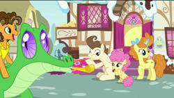 Size: 1920x1080 | Tagged: safe, screencap, cheese sandwich, gummy, li'l cheese, pound cake, pumpkin cake, alligator, earth pony, pegasus, pony, unicorn, the last problem, bow, cake twins, colt, cupcake, female, foal, food, hair bow, happy, horseshoes, levitation, magic, magic aura, magic glow, male, mare, older, older cheese sandwich, older gummy, older pound cake, older pumpkin cake, party horn, siblings, smiling, sugarcube corner, telekinesis, twins