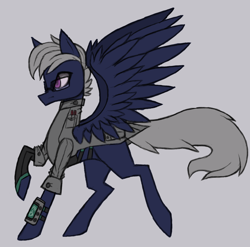 Size: 1152x1136 | Tagged: safe, artist:raptor007, derpibooru import, oc, oc only, oc:wind, pegasus, pony, clothes, colored sketch, high collar, lab coat, male, pocket, science, simple background, sketch, spread wings, straps, trotting, white background, wings