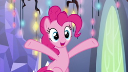 Size: 1920x1080 | Tagged: safe, screencap, pinkie pie, earth pony, pony, the last laugh, female, hooves in air, mare, open mouth, smiling, solo