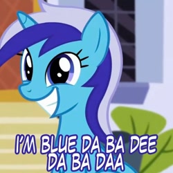 Size: 720x720 | Tagged: safe, edit, edited screencap, screencap, minuette, pony, unicorn, amending fences, blue (da ba dee), caption, cropped, cute, eiffel 65, female, grin, i'm blue, looking at you, mare, minubetes, smiling, solo, song reference