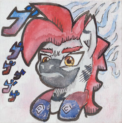 Size: 3482x3516 | Tagged: safe, artist:khaki-cap, oc, oc:zjin, oc:zjin-wolfwalker, zebra, bust, canvas, jojo pose, jojo's bizarre adventure, menacing, menacing eyes, portrait, traditional art, watercolor painting, zebra oc, ゴ ゴ ゴ