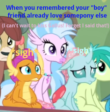 Size: 224x229 | Tagged: safe, edit, edited screencap, screencap, gallus, ocellus, sandbar, silverstream, smolder, yona, dragon, earth pony, griffon, hippogriff, pony, yak, teacher of the month (episode), spoiler:interseason shorts, breaking the fourth wall, caption, cropped, feeling down, frown, implied gallstream, implied rarity, implied shipping, implied sparity, implied spike, implied straight, implied yonabar, meme, picture for breezies, quotation marks, quote, sad, sigh, sitting, student six, talking to herself, talking to viewer