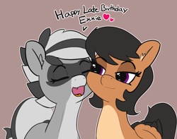 Size: 1280x1011 | Tagged: safe, artist:pabbley, derpibooru import, oc, oc only, oc:bandy cyoot, oc:exxie, pegasus, pony, raccoon pony, duo, eyes closed, fangs, female, happy birthday, heart, mare, nuzzling, open mouth, smiling