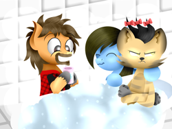 Size: 1032x774 | Tagged: safe, artist:joechillers, oc, oc:jack foley, oc:max timber, oc:silk chic, abyssinian, anthro, earth pony, pegasus, pony, annoyed, bath, male, soap