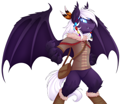 Size: 4500x3792 | Tagged: source needed, safe, artist:scarlet-spectrum, oc, oc only, oc:calla blossom, anthro, bat pony, original species, timber pony, timber wolf, unguligrade anthro, claws, high res, leg fluff, male, solo, species swap, tribal, wing claws