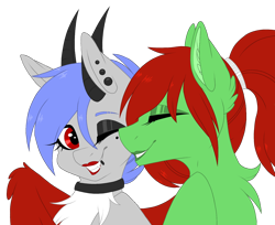 Size: 2000x1635 | Tagged: safe, artist:melodytheartpony, oc, oc:melody silver, dracony, dragon, hybrid, pegasus, pony, bisexual, collar, cute, fluffy, horns, lipstick, makeup, nuzzling, piercing, ponytail, shipping, simple background, transparent background