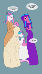 Size: 2340x4160 | Tagged: safe, artist:fireboltpug, princess flurry heart, oc, oc:melody aurora, better together, equestria girls, adult, cousins, dialogue, equestria girls-ified, eyes closed, female, hairclip, looking down, mama flurry, multiple pregnancy, offspring, older, older flurry heart, parent:flash sentry, parent:twilight sparkle, parents:flashlight, pregnant, pregnant equestria girls, self paradox, stool, time paradox, toddler, trio, trio female