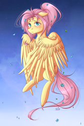 Size: 2000x3000 | Tagged: safe, artist:ashleyjaneworld, fluttershy, pegasus, pony, alternate hairstyle, blushing, chest fluff, ear fluff, female, floppy ears, flower, flower in hair, gradient background, heart eyes, high res, leaf, looking at you, mare, ponytail, solo, spread wings, stray strand, three quarter view, wingding eyes, wings