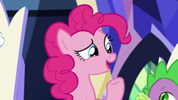 Size: 1920x1080 | Tagged: safe, screencap, pinkie pie, spike, dragon, earth pony, pony, the last laugh, open mouth