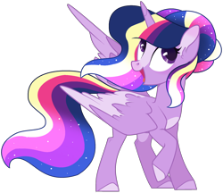 Size: 1908x1652 | Tagged: safe, artist:leanne264, derpibooru import, twilight sparkle, twilight sparkle (alicorn), alicorn, pony, alternate design, blaze (coat marking), ethereal mane, female, mare, open mouth, rainbow power, raised hoof, redesign, simple background, solo, starry mane, transparent background, ultimate twilight