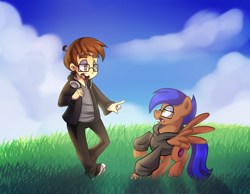 Size: 2700x2100 | Tagged: safe, artist:drawntildawn, oc, oc only, oc:odyssey flash, human, pegasus, clothes, glasses, hoodie