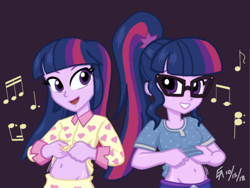 Size: 2224x1668 | Tagged: safe, artist:mayorlight, derpibooru import, sci-twi, twilight sparkle, twilight sparkle (alicorn), alicorn, equestria girls, belly button, belly dancer, breasts, clothes, commission, digital art, glasses, midriff, music notes, pajamas, shirt, shirt lift, twolight