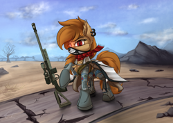 Size: 1280x905 | Tagged: safe, artist:calena, derpibooru import, oc, oc only, oc:pumpkin spice, bat pony, pony, fallout equestria, bat pony oc, bat wings, chest fluff, clothes, cloud, cyberpunk, dead tree, ear fluff, ear piercing, earring, fallout, fangs, female, gun, handgun, hooves, jewelry, looking at you, mare, piercing, pistol, raised hoof, revolver, road, scarf, scope, solo, tree, wasteland, weapon, wings