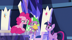 Size: 1920x1080 | Tagged: safe, screencap, pinkie pie, spike, twilight sparkle, twilight sparkle (alicorn), alicorn, dragon, earth pony, pony, the last laugh, cutie map, winged spike