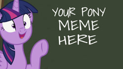 Size: 638x361 | Tagged: safe, edit, edited screencap, editor:undeadponysoldier, screencap, twilight sparkle, twilight sparkle (alicorn), alicorn, pony, ppov, caption, chalk drawing, chalkboard, commission, female, image macro, mare, meme, open mouth, pointing, smiling, solo, text, traditional art, word art, your character here