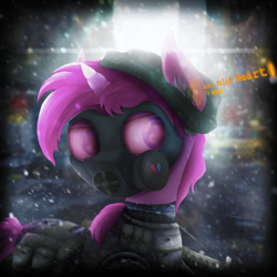 Size: 4000x4000 | Tagged: safe, artist:thefunnysmile, derpibooru import, oc, oc only, oc:solid heart, pony, unicorn, backpack, blurry, bullet hole, bulletproof vest, camouflage, city, clothes, gas mask, lens flare, mask, military, snow, solo, weapon, winter