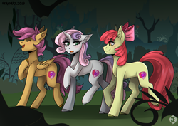 Size: 1748x1240 | Tagged: safe, artist:serodart, apple bloom, scootaloo, sweetie belle, earth pony, pegasus, pony, unicorn, blushing, colored hooves, forest, one hoof raised, tree, walking