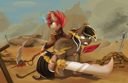 Size: 5100x3300 | Tagged: safe, artist:beardie, derpibooru import, oc, oc only, busterblade, commission, female, flower, magic, male, mare, rose, scythe, stallion, sword, vine, weapon