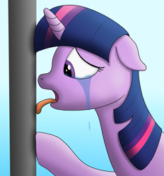 Size: 737x795 | Tagged: safe, artist:tech--pony, twilight sparkle, unicorn twilight, pony, unicorn, crying, female, gradient background, mare, solo, tongue out, tongue stuck to pole