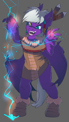 Size: 1080x1920 | Tagged: source needed, safe, artist:noben, oc, oc only, oc:calla blossom, anthro, bat pony, boots, clothes, coat, elemental magic, heterochromia, lightning, lightning magic, male, shoes, solo, tribal