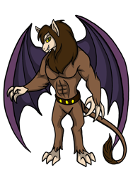 Size: 1536x2048 | Tagged: safe, artist:melspyrose, scorpan, gargoyle, abs, belt, claws, looking at you, muscular male, pecs, simple background, tail, teeth, transparent background, wings