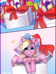 Size: 2480x3262 | Tagged: safe, artist:lucengue, artist:luxuryblackpants, derpibooru import, oc, oc only, oc:bay breeze, pegasus, pony, blushing, bow, box, cute, female, hair bow, looking up, mare, pony in a box, present, spread wings, wings