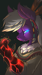 Size: 1080x1920 | Tagged: safe, artist:noben, oc, oc only, oc:calla blossom, anthro, bat pony, bust, clothes, coat, elemental magic, fangs, glowing eyes, lava, male, solo, tribal