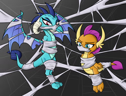 Size: 1700x1300 | Tagged: safe, artist:nivek15, derpibooru import, princess ember, smolder, dragon, arm behind back, dragoness, duo, female, gag, hands behind back, spider web, tied up