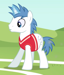 Size: 1158x1340 | Tagged: safe, screencap, orion, shooting star (character), pony, unicorn, buckball season, background pony, clothes, cropped, magic, magic aura, male, solo, stallion, tanktop