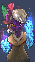 Size: 1080x1920 | Tagged: source needed, safe, artist:noben, oc, oc only, oc:calla blossom, anthro, bat pony, clothes, coat, ear piercing, earring, elemental magic, fangs, heterochromia, ice, ice magic, jewelry, male, piercing, solo, tribal