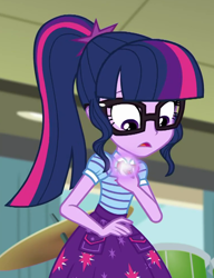 Size: 758x989 | Tagged: safe, derpibooru import, screencap, sci-twi, twilight sparkle, better together, equestria girls, overpowered (equestria girls), clothes, cropped, female, geode of telekinesis, glasses, magical geodes, ponytail, skirt, solo
