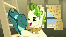 Size: 1280x720 | Tagged: safe, derpibooru import, screencap, pistachio, earth pony, pony, best gift ever, hat, male, solo