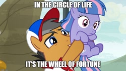 Size: 888x499 | Tagged: safe, edit, edited screencap, screencap, quibble pants, wind sprint, earth pony, pegasus, pony, common ground, caption, circle of life, image macro, text, the lion king