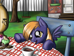Size: 1200x900 | Tagged: safe, artist:28gooddays, oc, oc only, pegasus, pony, cookie, cup, cupcake, foal, food, not derpy, solo, swing, table, tree