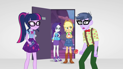 Size: 1920x1080 | Tagged: safe, derpibooru import, screencap, applejack, microchips, rarity, sci-twi, twilight sparkle, better together, equestria girls, rollercoaster of friendship, boots, clothes, glasses, high heel boots, shoes, uniform