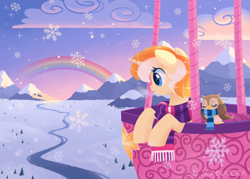 Size: 1538x1100 | Tagged: safe, artist:sonnatora, oc, oc only, bird, owl, pony, unicorn, clothes, cloud, field, hot air balloon, mountain, rainbow, river, scarf, scenery, snow, snowfall, solo, winter