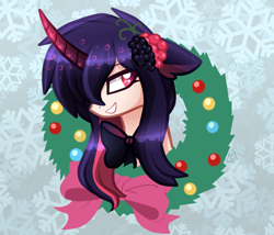 Size: 774x662 | Tagged: safe, artist:sugaryicecreammlp, derpibooru import, oc, oc:kumi, pony, unicorn, bowtie, bust, christmas wreath, curved horn, female, horn, mare, portrait, solo, wreath