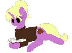 Size: 2750x2000 | Tagged: safe, artist:yannerino, oc, oc only, oc:melissa, pony, unicorn, book, clothes, glasses, on side, ponytail, reading, simple background, sweater, transparent background