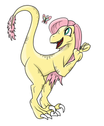 Size: 1614x1953 | Tagged: safe, artist:notadeliciouspotato, fluttershy, oc, oc only, oc:raptorshy, butterfly, dinosaur, velociraptor, 2020 community collab, derpibooru community collaboration, dinosaurified, female, simple background, smiling, solo, species swap, transparent background, veloshyraptor