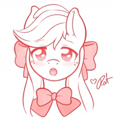 Size: 1357x1437 | Tagged: safe, artist:ratofdrawn, applejack, earth pony, pony, :o, alternate hairstyle, blushing, bow, bowtie, bust, cute, female, hair bow, jackabetes, looking at you, loose hair, mare, no pupils, open mouth, partial color, portrait, simple background, solo, white background