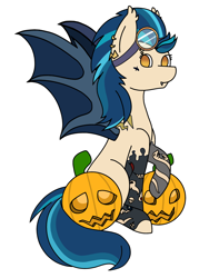 Size: 1546x2055 | Tagged: safe, artist:midnightamber, derpibooru import, indigo zap, bat pony, pony, bat ponified, commission, ear piercing, earring, equestria girls ponified, eyebrow piercing, fangs, female, goggles, halloween, holiday, indigobat, jack-o-lantern, jewelry, mare, piercing, ponified, pumpkin, race swap, raised hoof, simple background, solo, tattoo, white background, ych result