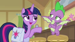 Size: 1280x720 | Tagged: safe, screencap, spike, twilight sparkle, twilight sparkle (alicorn), alicorn, dragon, the point of no return, crossed arms, female, male, mare, saddle bag, smiling, toes, winged spike