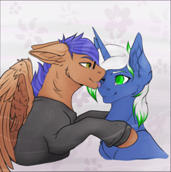 Size: 672x676 | Tagged: artist needed, source needed, safe, oc, oc:mimic, oc:odyssey flash, pegasus, pony, unicorn, clothes, cute, hoodie, licking, tongue out