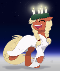 Size: 1032x1219 | Tagged: safe, artist:ravenpuff, oc, oc:valkyria, earth pony, pony, candle, clothes, dress, female, mare, saint lucy's day, solo