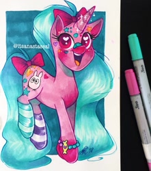 Size: 1080x1224 | Tagged: safe, artist:antych, derpibooru import, oc, oc only, oc:shimmerfairy rainbow blush, pony, unicorn, bow, clothes, heart eyes, socks, solo, striped socks, tail bow, traditional art, wingding eyes