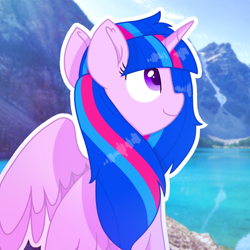 Size: 1150x1150 | Tagged: safe, artist:rainbow eevee, oc, oc only, oc:vesty sparkle, alicorn, pony, beautiful, cute, female, icon, irl, lake, mountain, nature, not twilight sparkle, offspring, parent:flash sentry, parent:twilight sparkle, parents:flashlight, photo, smiling, solo